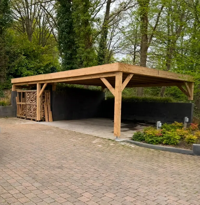 Carport en bois massif dans un jardin arboré